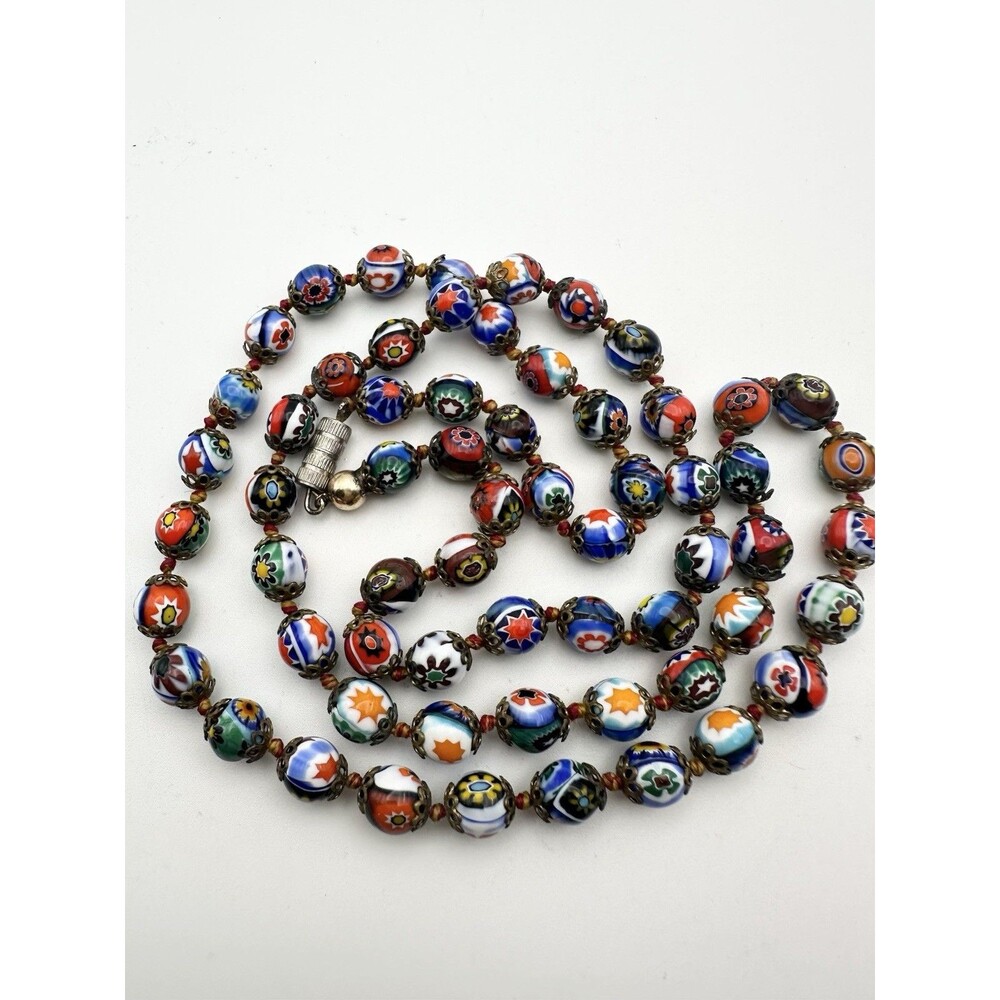 Vintage VENETIAN MURANO ITALIAN MILLEFIORI GLASS BEAD NECKLACE 28” 7.8mm